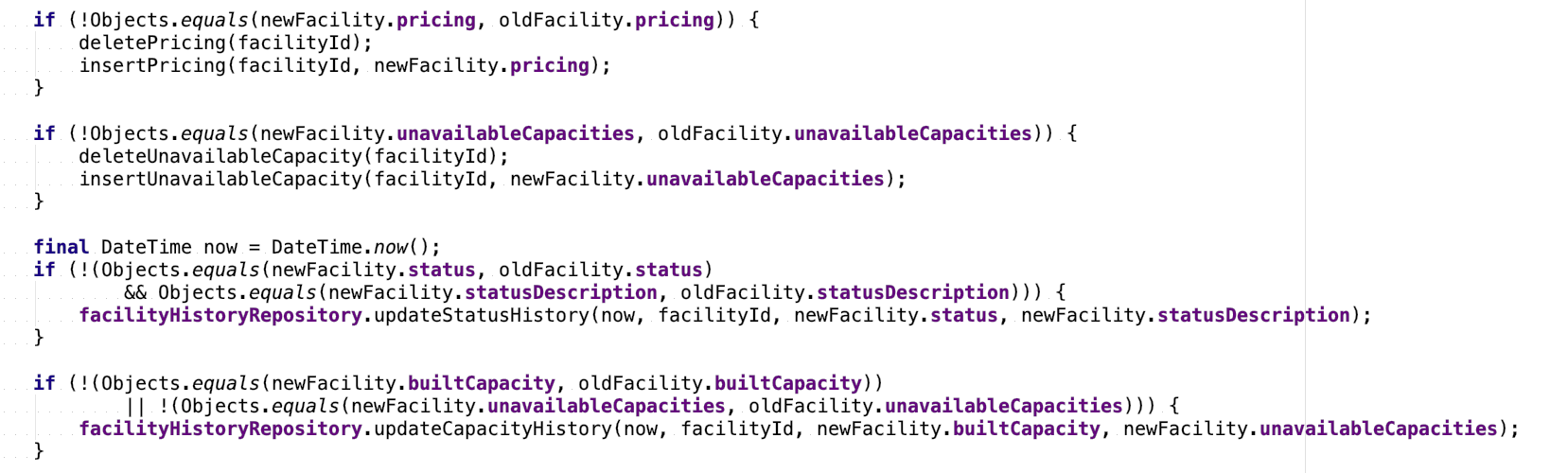 Snippet of the Facility DAO's update operation